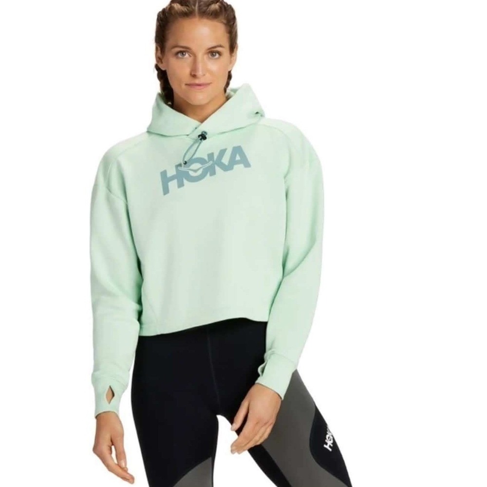HOKA Soft Green Cropped French Terry Hoodie Thumbholes Small